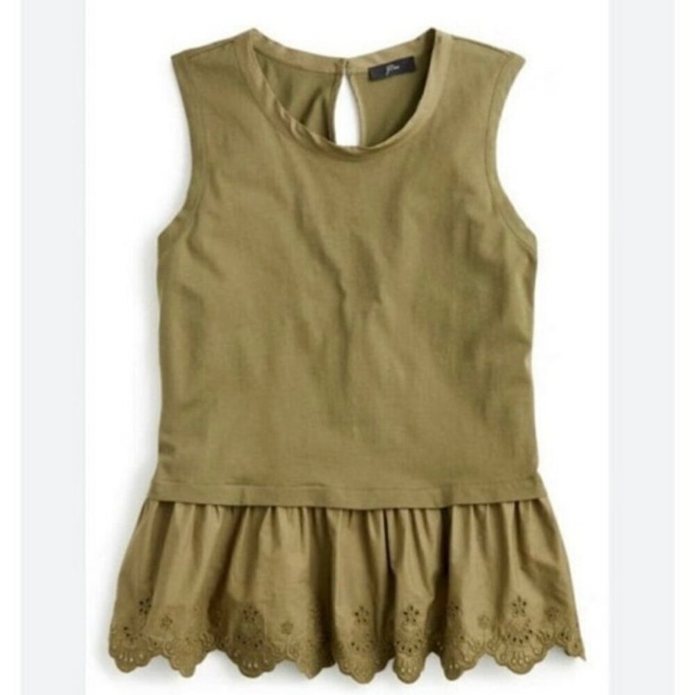 J.Crew Olive Green Peplum Tank Top Eyelet Hem 100% Cotton Women’s Size XS